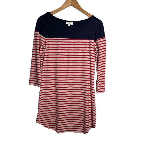 Umgee Women M Round Neck Red Blue Striped Mini Shirt Dress Casual Patriotic - Picture 1 of 8